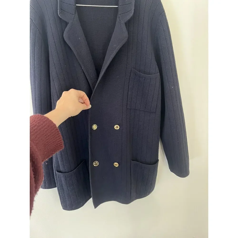 Vintage Navy Blue GUCCI Wool Double Breasted Knit Men Cardigan Sweater 50s 60's